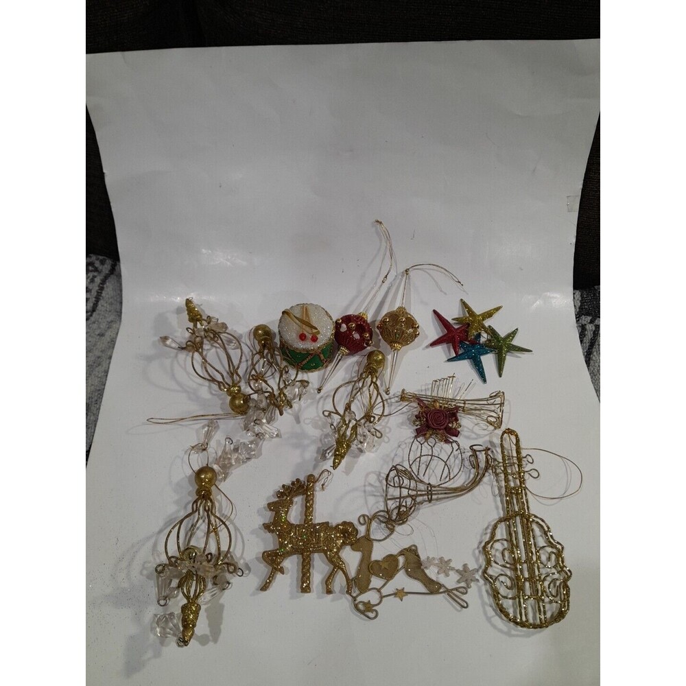 Christmas Ornament Mixed Lot Gold Glitter 13 Piece